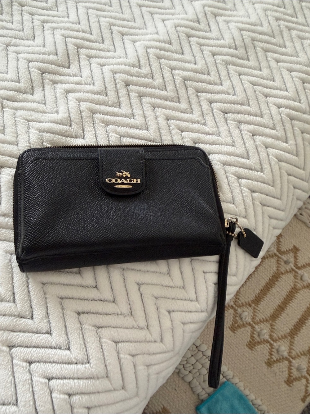 Coach Black Leather Zip Wristlet Clutch with Gold Logo